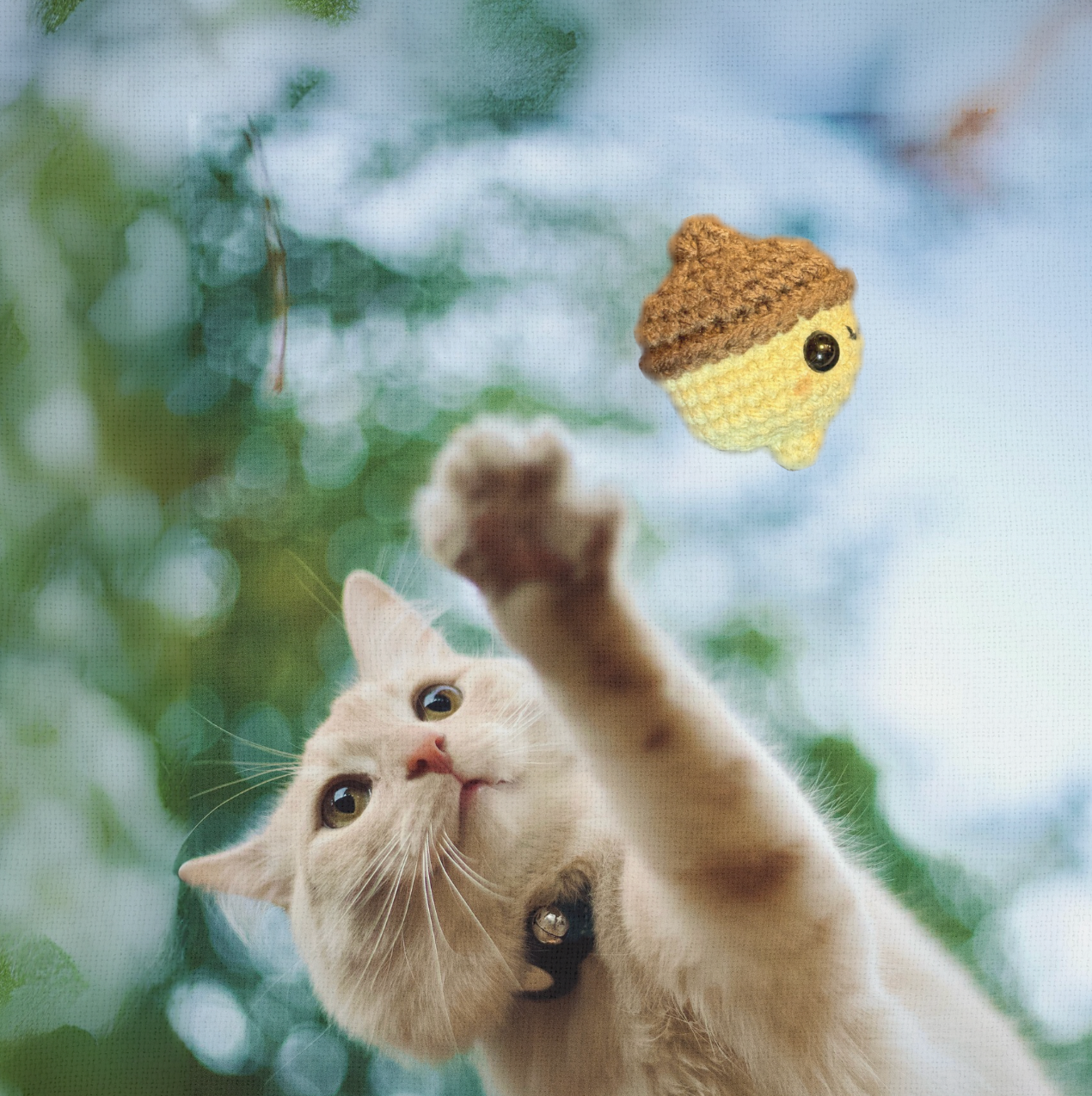 Cat playing with Augie the Acorn, a handmade Chunkle Puff catnip toy. Rounded acorn shape designed for batting, chasing, and secret stashing.
