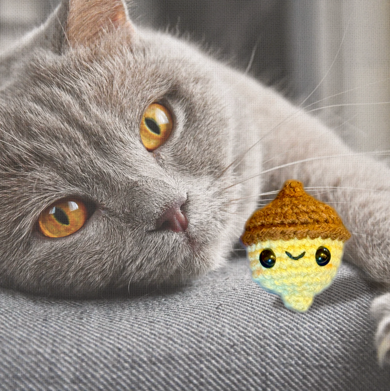 Cat lounging beside Augie the Acorn, a handmade Chunkle Puff catnip toy. Rounded woven form with acorn cap detail highlights softness and durability.