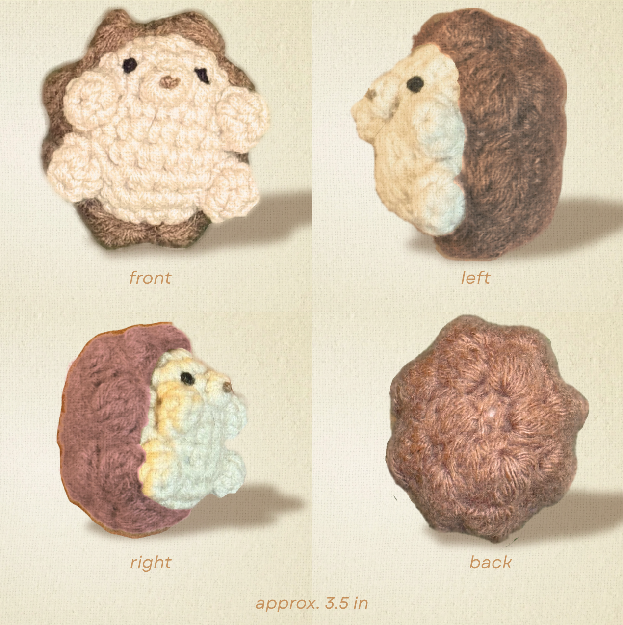 Detail view of Harold the Hedgehog, a handmade Chunkle Puff catnip toy. Multiple angles reveal his rounded woven body, textured surface, and premium construction.