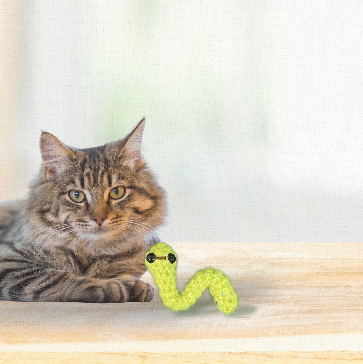 Cat lounging beside Noodle the Inchworm, a handmade Chunkle Puff catnip toy by Feline Grove. The elongated woven toy rests elegantly, emphasizing softness, durability, and boutique design.