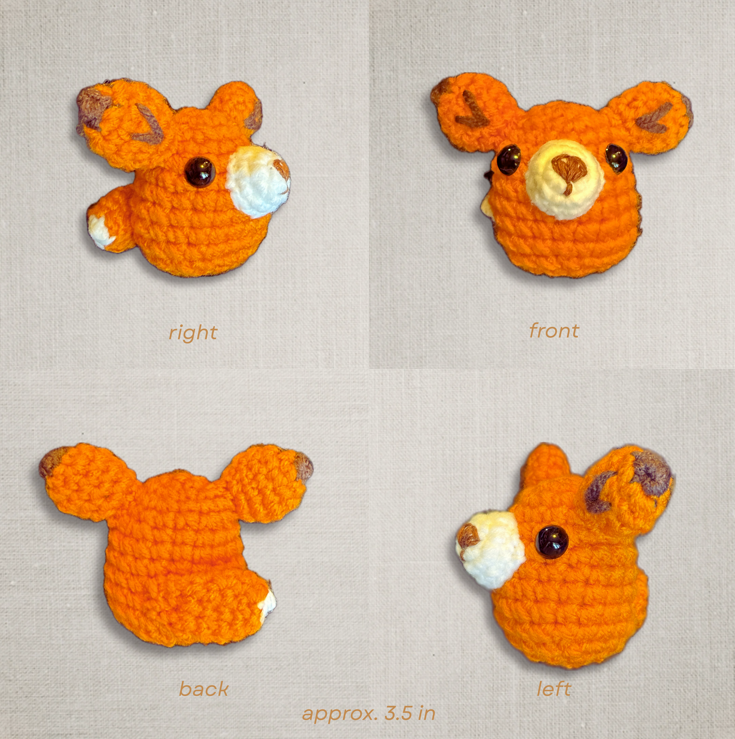 Detail image of TJ the Fox, a handmade Chunkle Puff catnip toy by Feline Grove. Multiple angles show his woven fibers, fox shape, and fine stitching, emphasizing artisanal texture and boutique woodland design.