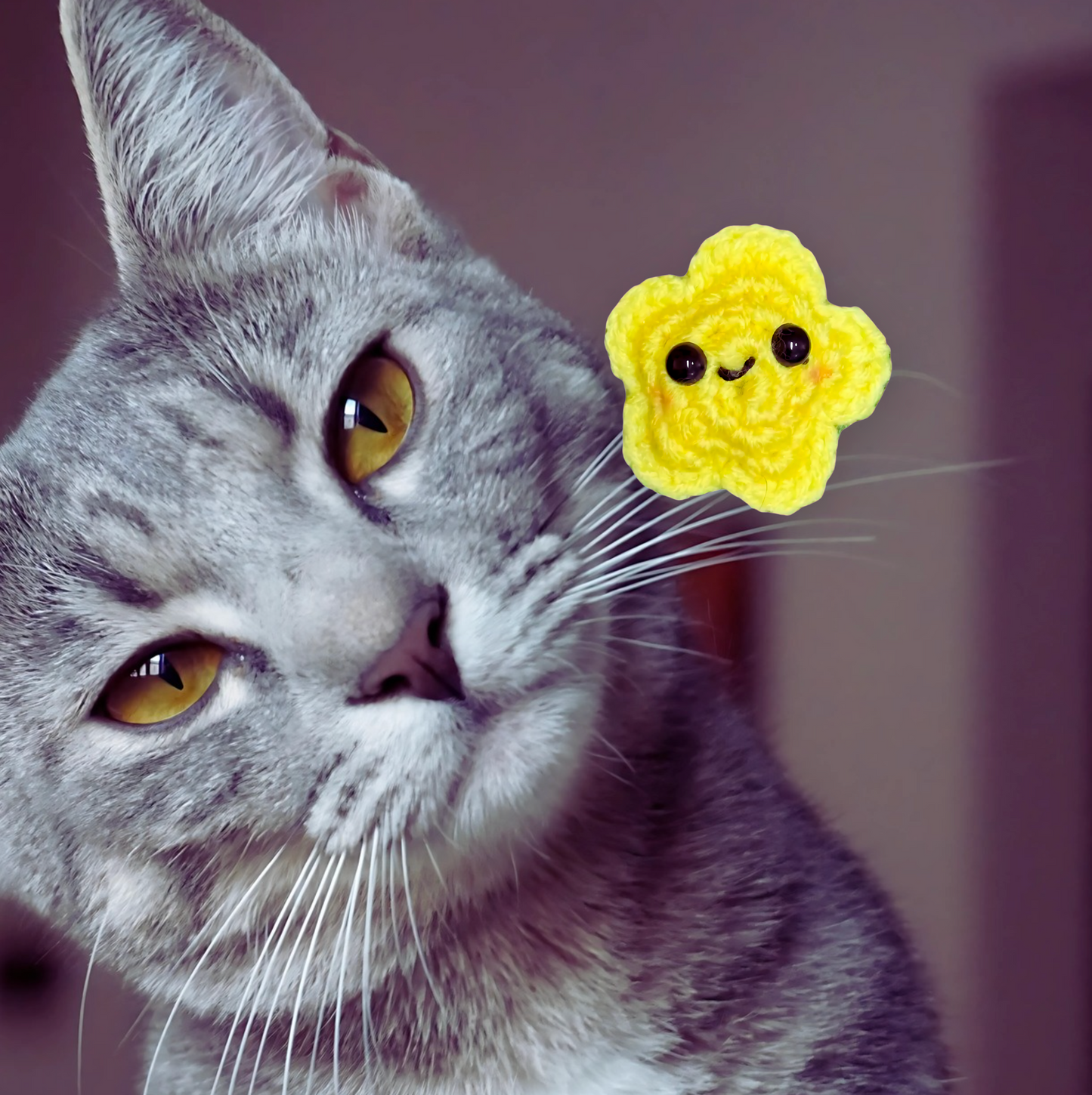 Cat with Twila L’Étoile, a handmade Chunkle Puff catnip toy by Feline Grove. The plush star floats beside the cat, emphasizing softness, durability, and celestial-inspired play appeal.