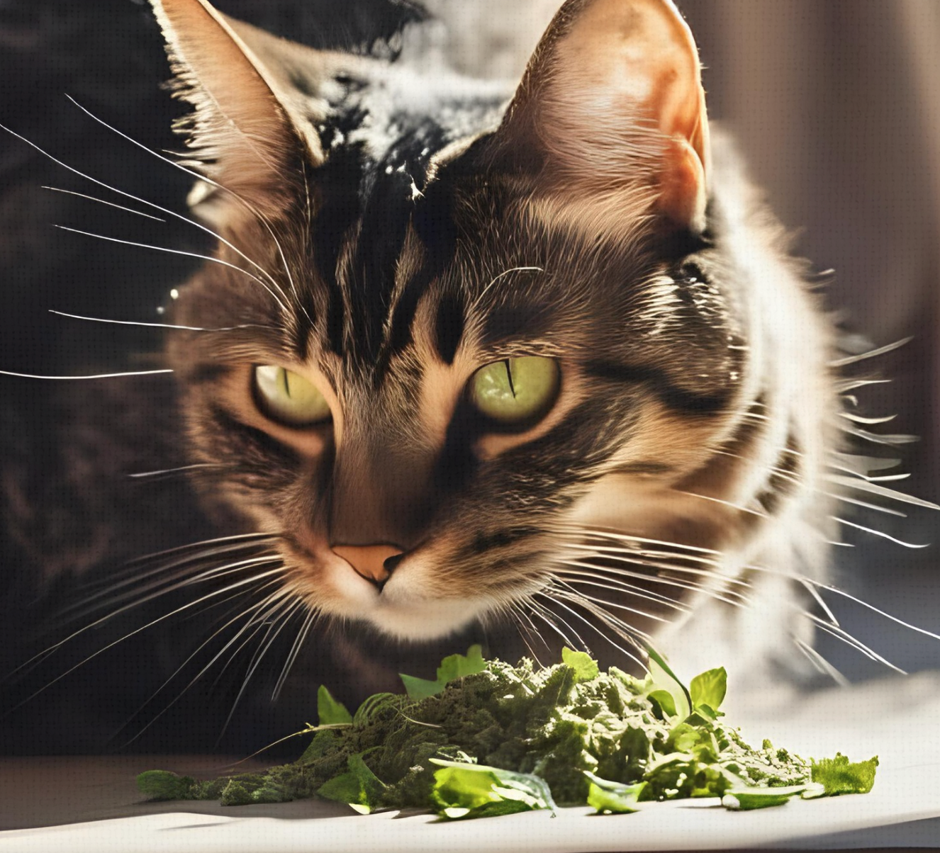 Cat with green eyes looking at a pile of fresh catnip on a blurred background
