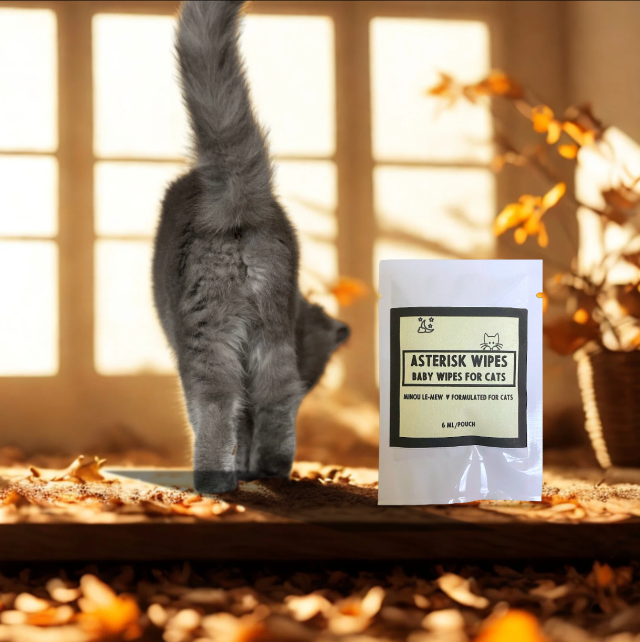 A hand using an Asterisk Wipe on a cat’s paw. Gentle, plant-based wipes designed for sensitive feline grooming and everyday hygiene.