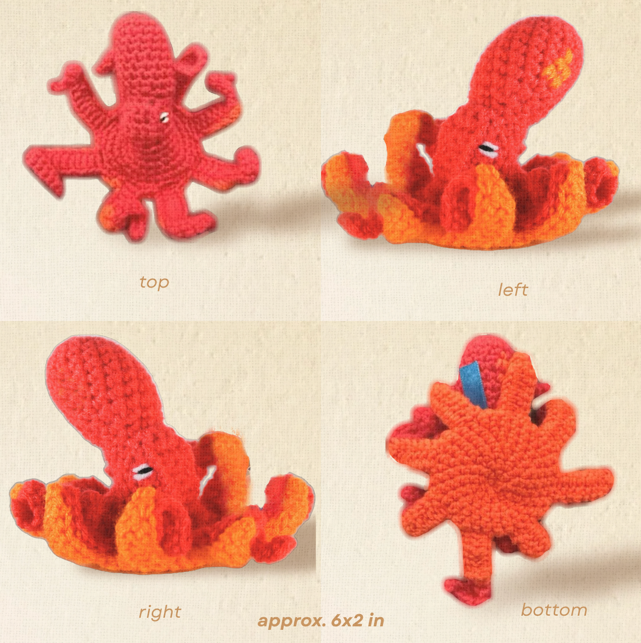 Detail view of Julie the Kraken, a handmade Chunkle Puff catnip toy. Multiple angles reveal her octopus-inspired tentacles, woven texture, and artisanal construction.