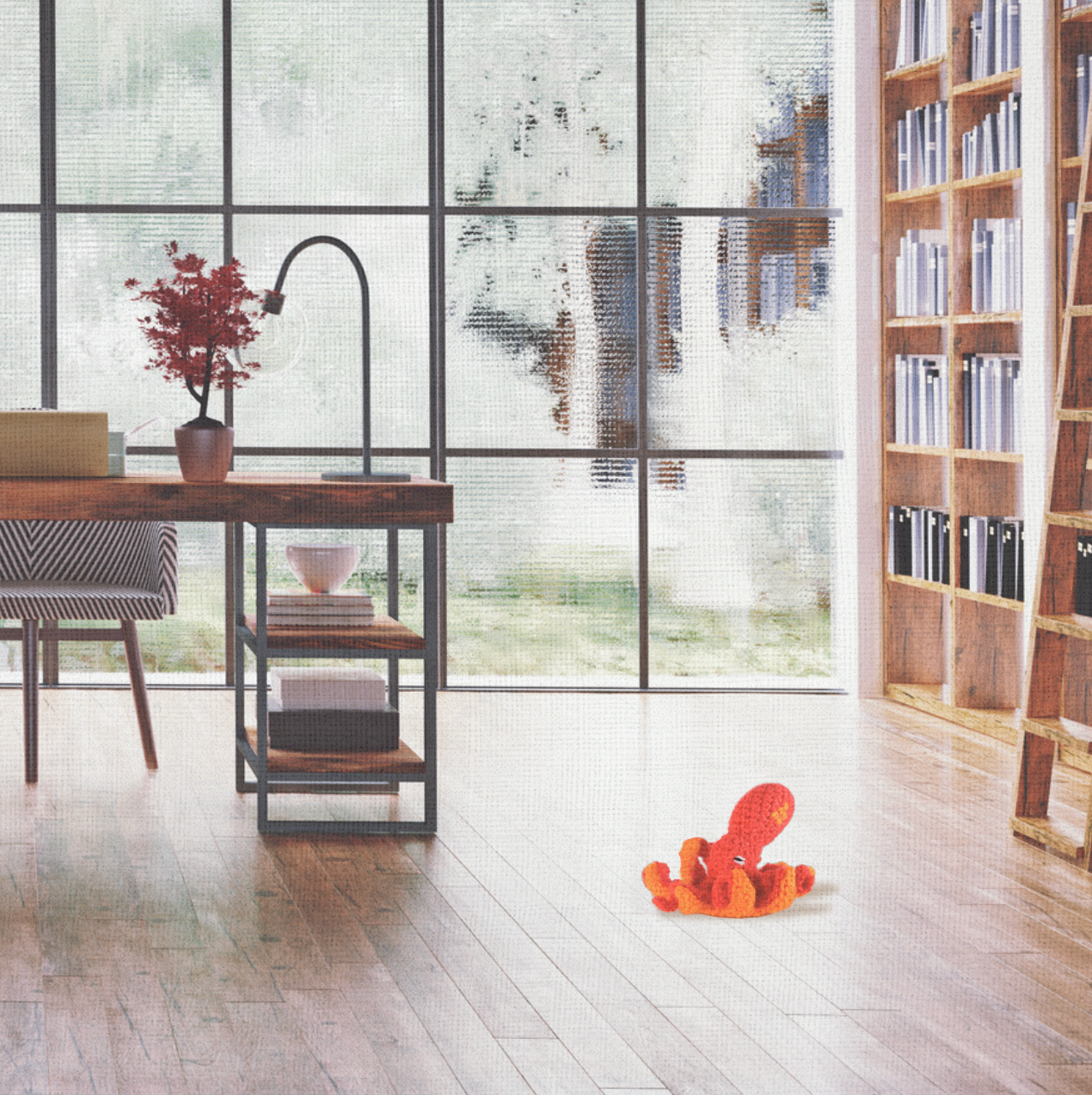 Lifestyle photo of Julie the Kraken, a handmade Chunkle Puff catnip toy by Minou Le-Mew. Displayed in a refined interior with linen backdrop, emphasizing boutique elegance.