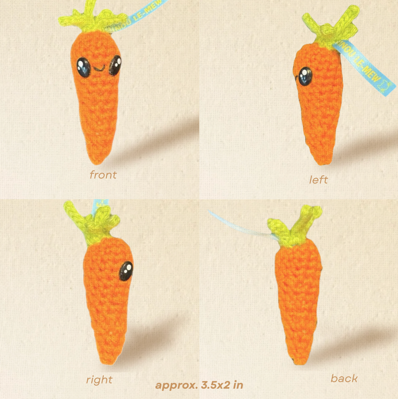 Detail view of Lulu the Carrot, a handmade Chunkle Puff catnip toy. Multiple angles reveal her woven carrot-inspired body, premium stitching, and refined craftsmanship.