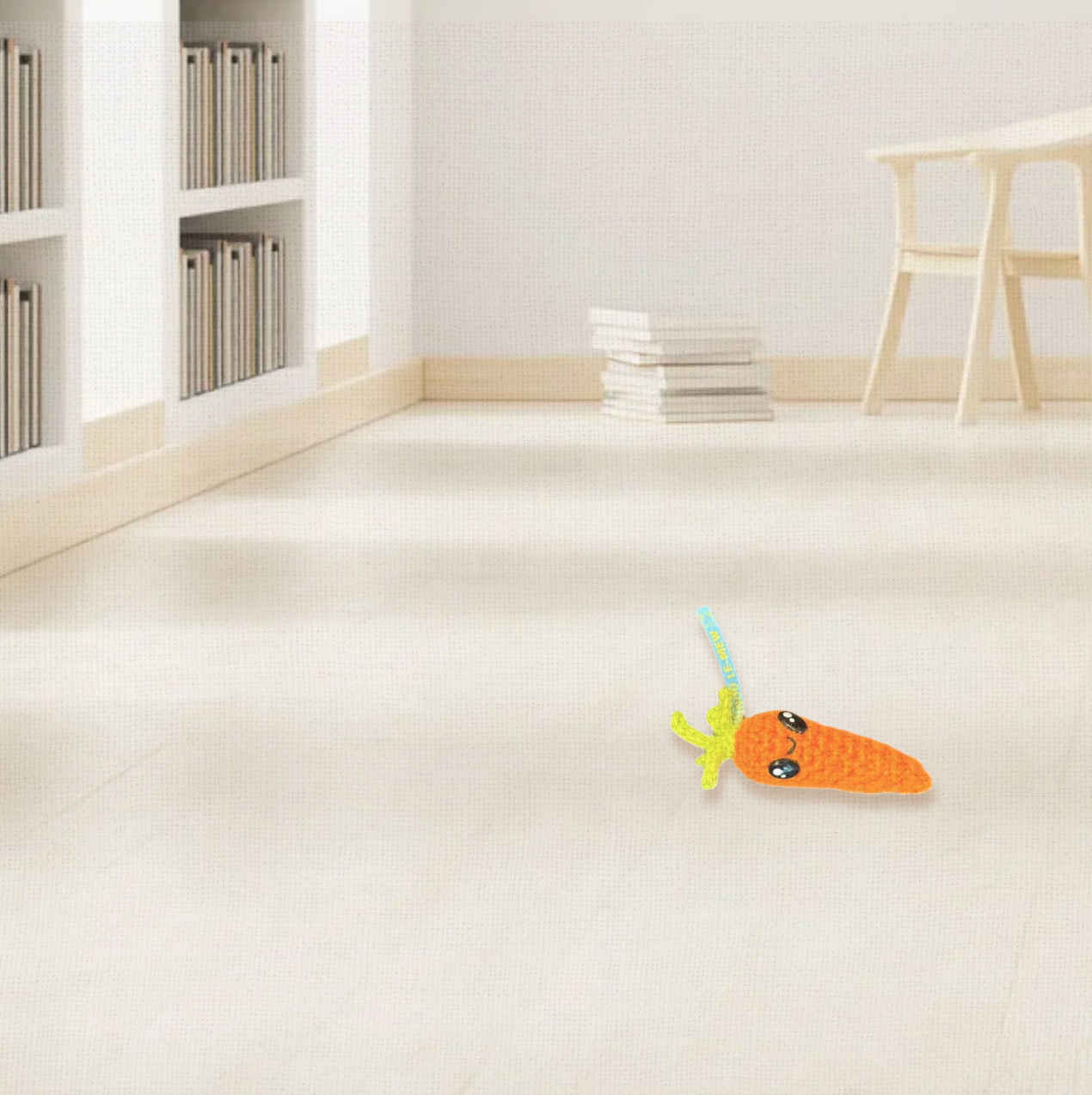 Lifestyle photo of Lulu the Carrot, a handmade Chunkle Puff catnip toy by Minou Le-Mew. Shown in a refined interior with linen textures, emphasizing boutique design.