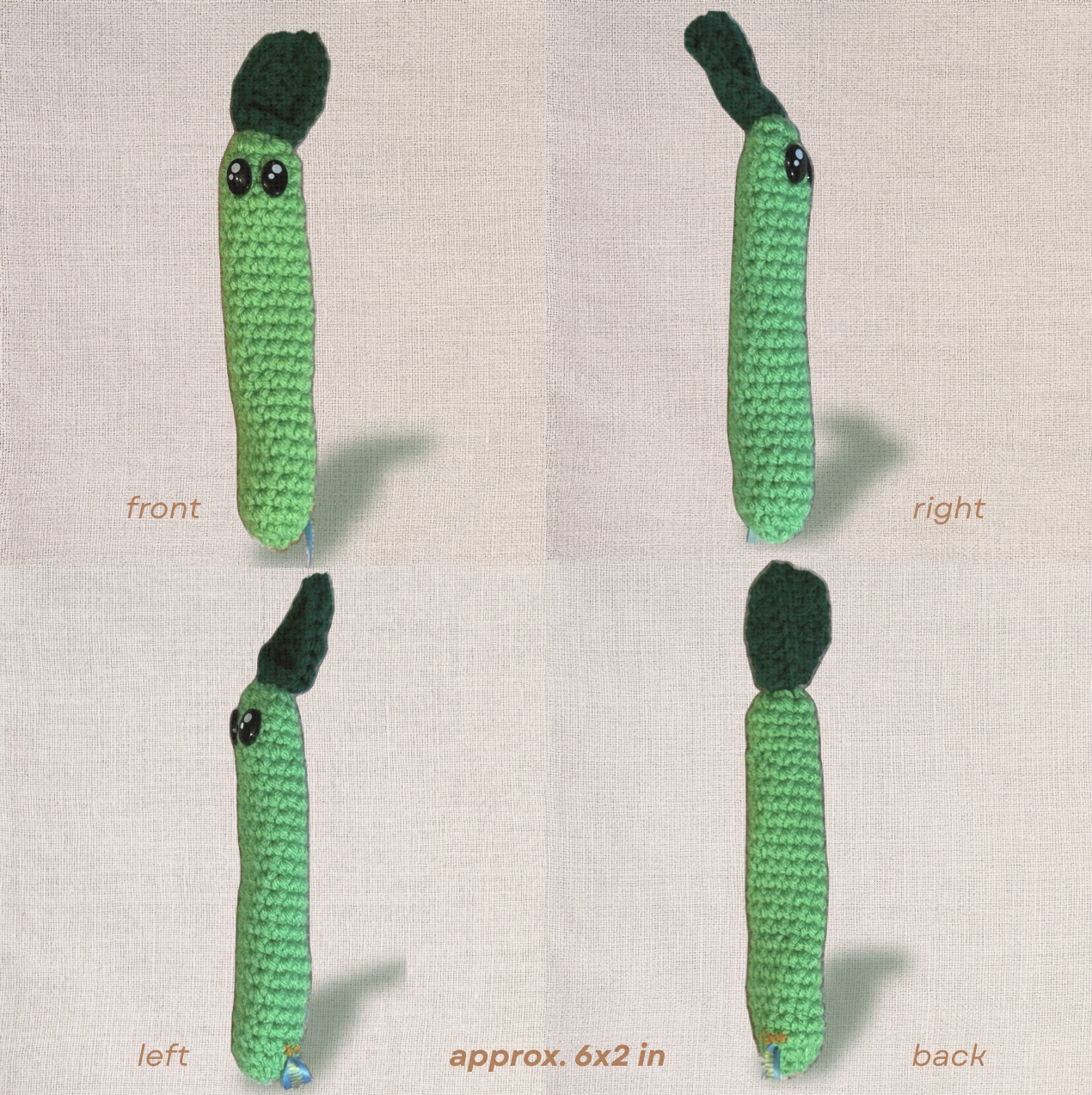 Detail view of Noodle the Inchworm, a handmade Chunkle Puff catnip toy. Multiple angles reveal his elongated woven body, refined texture, and premium construction.