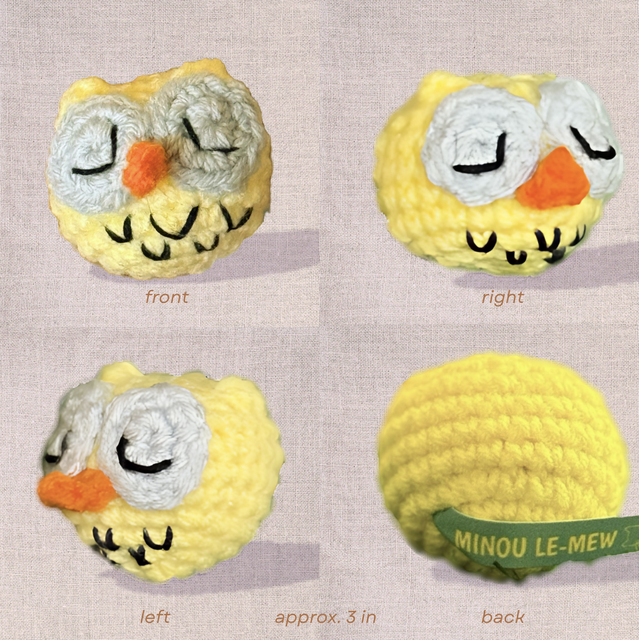 Quadrant view of Yolk the Owl, a 2-inch handmade Chunkle Puff catnip toy by Minou Le-Mew. Four angles display each side of his round woven body, showcasing the plush texture, tight stitching, and artisanal craftsmanship of this luxury cat toy.
