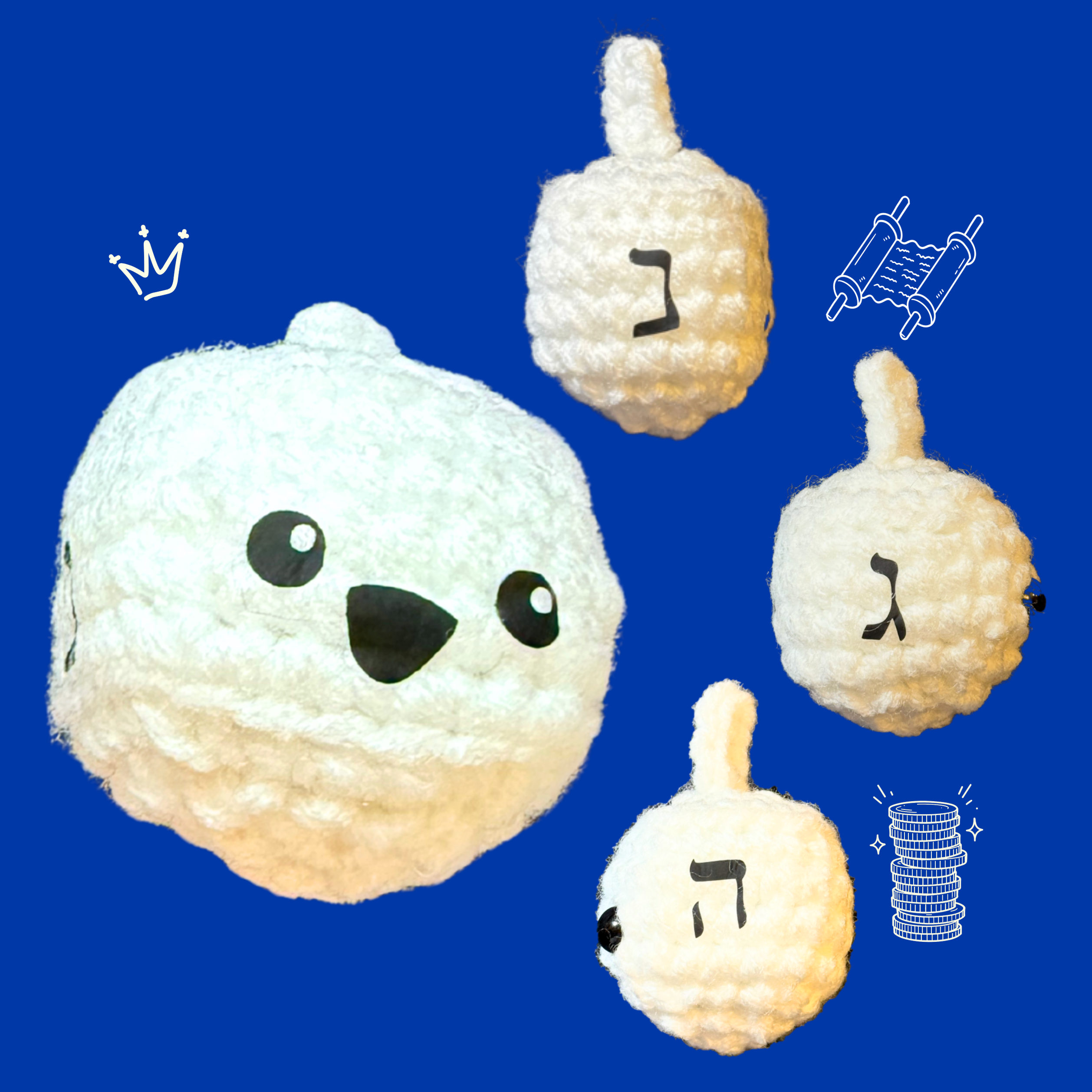 White plush dreidel toy with black facial features on a blue background to represent Chunkle catnip toy infused with Miracle Nip botanicals by Minou Le-Mew