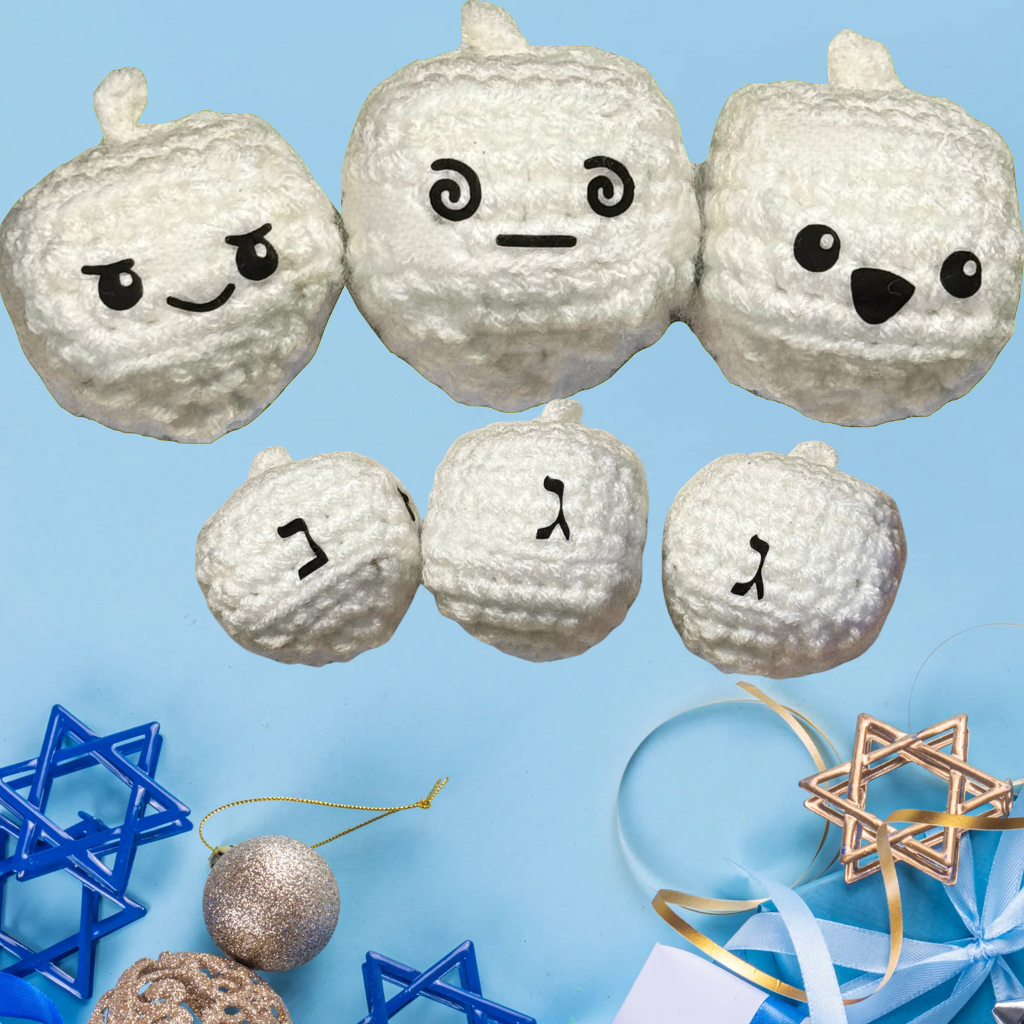 White plush toys with different facial expressions on a blue background with Star of David decorations to represent Chunkle catnip toy infused with Miracle Nip botanicals by Minou Le-Mew