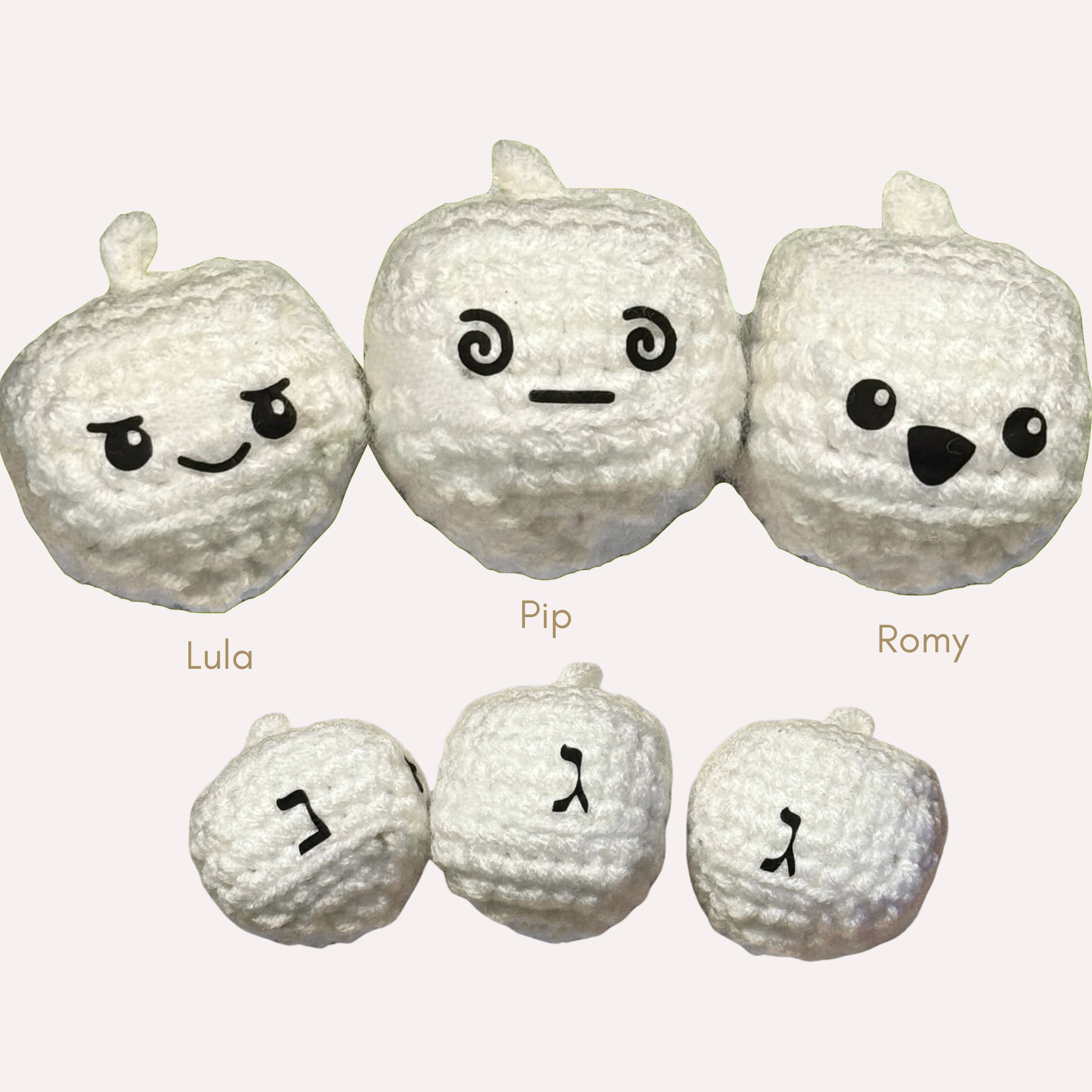 Set of white plush cat toys labeled Lula, Pip, and Romy on a white background to represent Chunkle catnip toy infused with Miracle Nip botanicals by Minou Le-Mew
