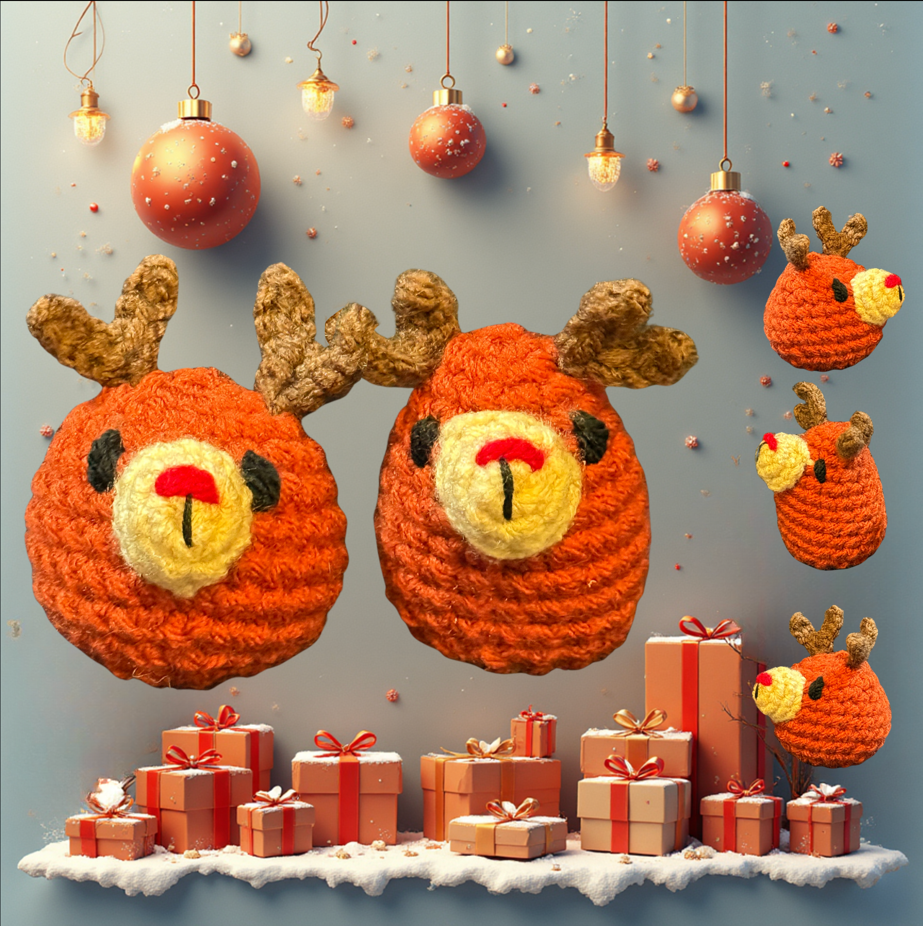 Knitted reindeer heads with small gifts on a festive background with ornaments and lights to represent Chunkle catnip toy infused with Miracle Nip botanicals by Minou Le-Mew