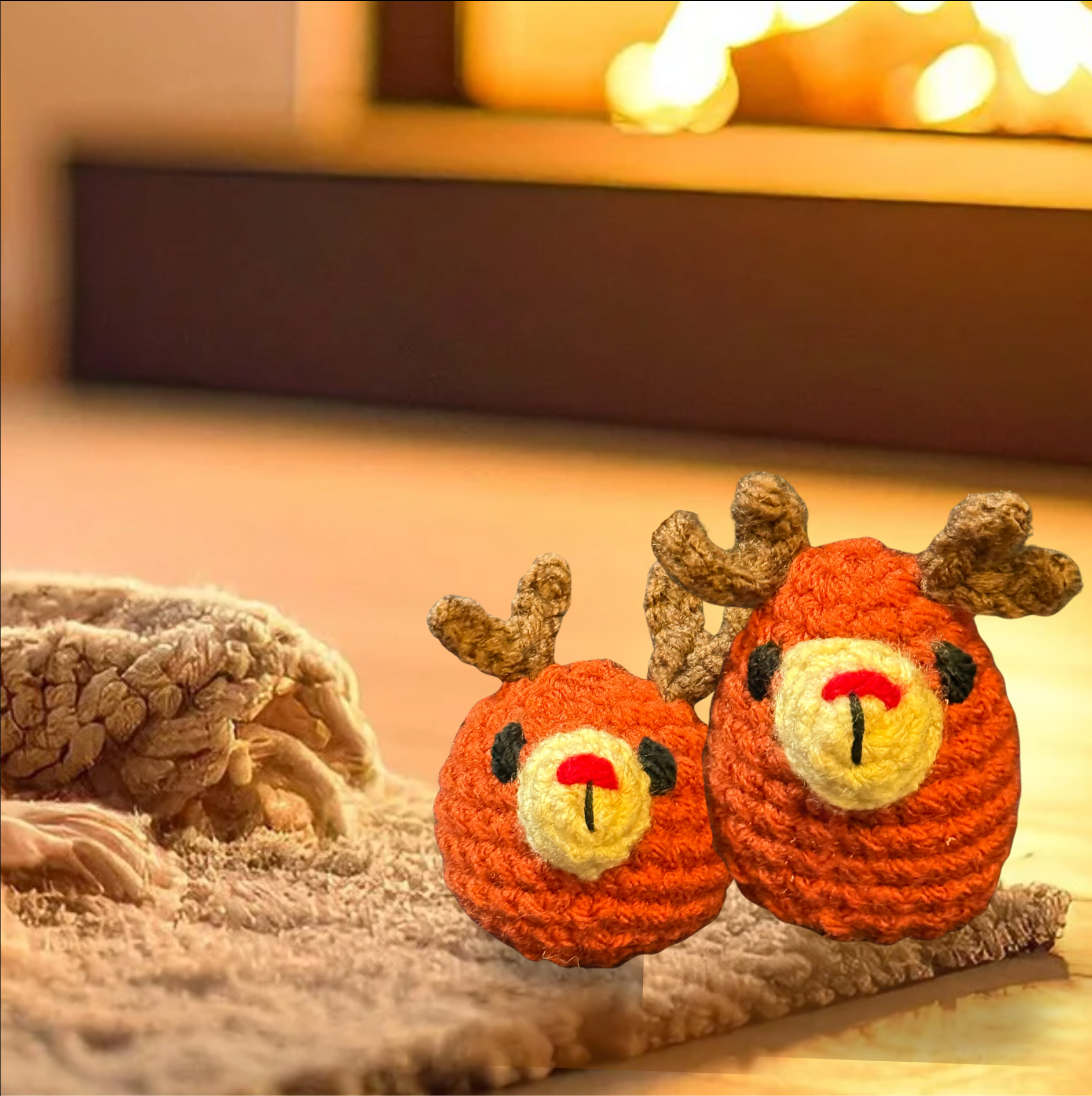 Two crochet reindeer toys on a soft surface with a warm, blurred background to represent Chunkle catnip toy infused with Miracle Nip botanicals by Minou Le-Mew