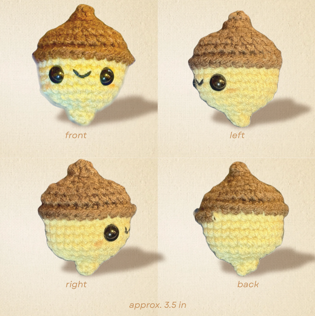 Detail view of Augie the Acorn, a handmade Chunkle Puff catnip toy. Multiple angles display his rounded woven body and textured acorn cap design.