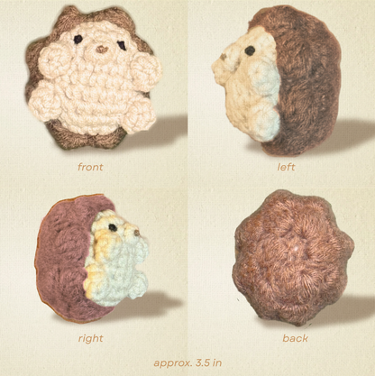 Detail view of Harold the Hedgehog, a handmade Chunkle Puff catnip toy. Multiple angles reveal his rounded woven body, textured surface, and premium construction.