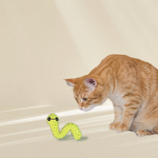 Cat playing with Noodle the Inchworm, a handmade Chunkle Puff catnip toy from Feline Grove. The elongated woven toy is batted and carried, showing playful appeal and botanical scent.