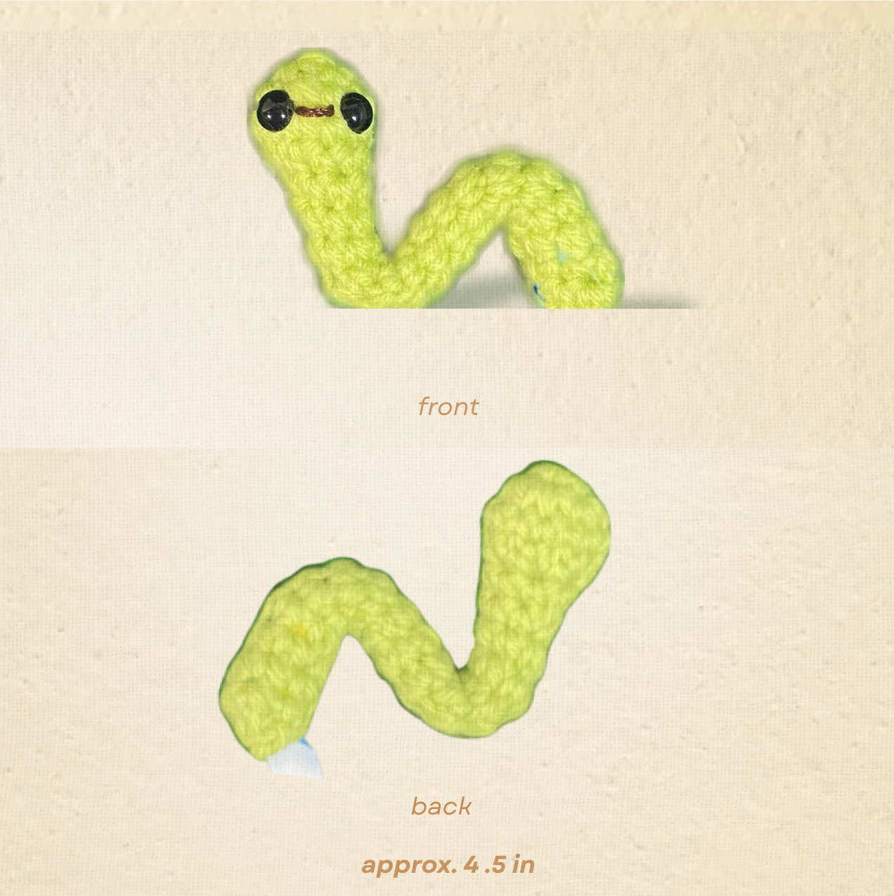 Detail view of Noodle the Inchworm, a handmade Chunkle Puff catnip toy from Feline Grove. Multiple angles reveal woven texture, stitching, and elongated inchworm-inspired design.