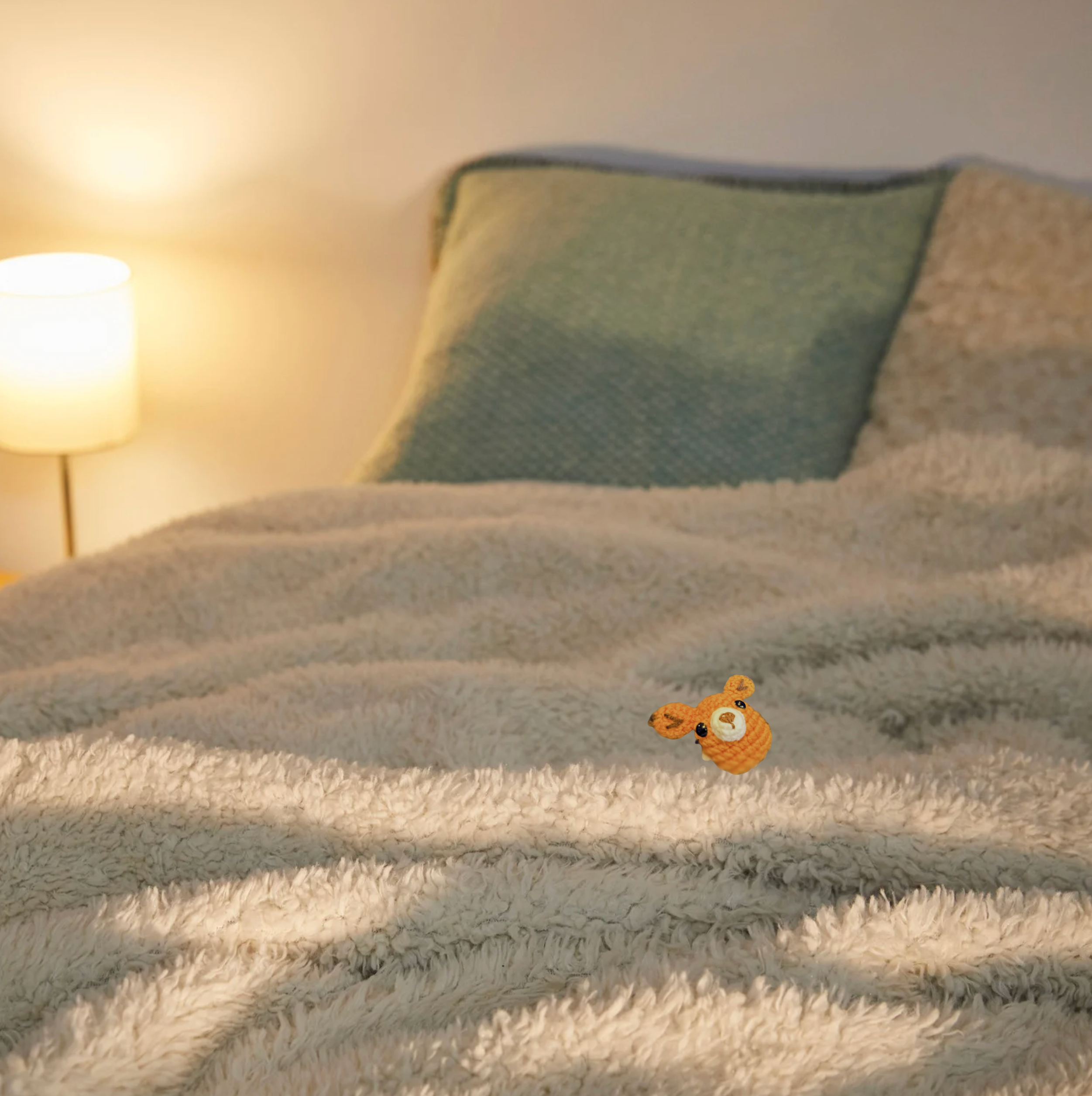 Lifestyle photo of TJ the Fox, a handmade Chunkle Puff catnip toy by Feline Grove. Shown in a refined interior with soft linen backdrop, presenting his fox design as a luxury woodland-inspired piece for elegant homes.