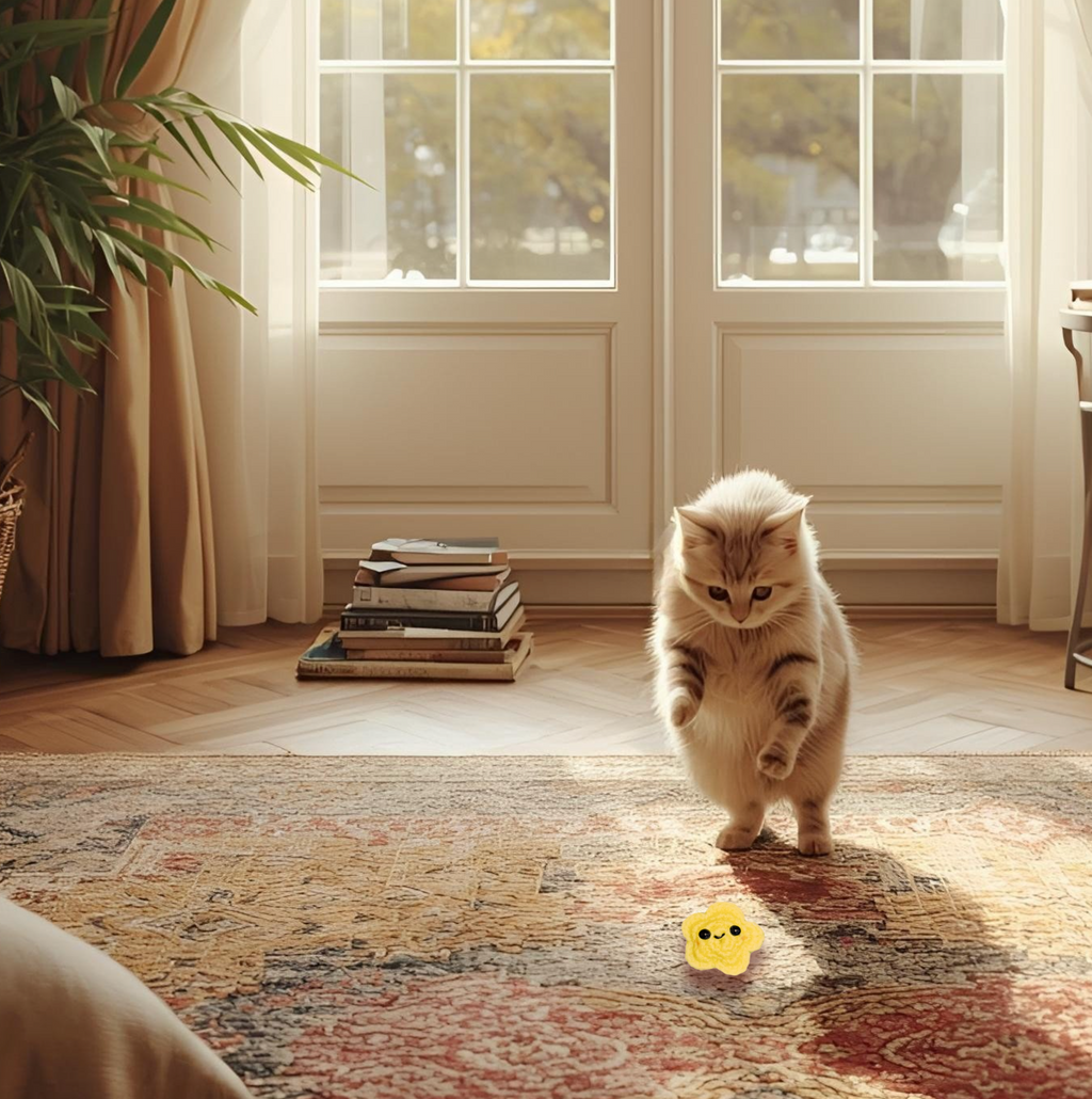Cat playing with Twila L’Étoile, a handmade Chunkle Puff catnip toy from Feline Grove. The 2-inch star-shaped toy is batted and carried, demonstrating playful celestial charm and irresistible botanicals.