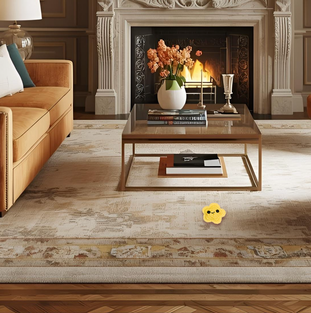 Lifestyle photo of Twila L’Étoile, a handmade Chunkle Puff catnip toy by Feline Grove. Shown in a refined interior with linen backdrop, presenting her celestial star design as a luxury piece for elegant homes.