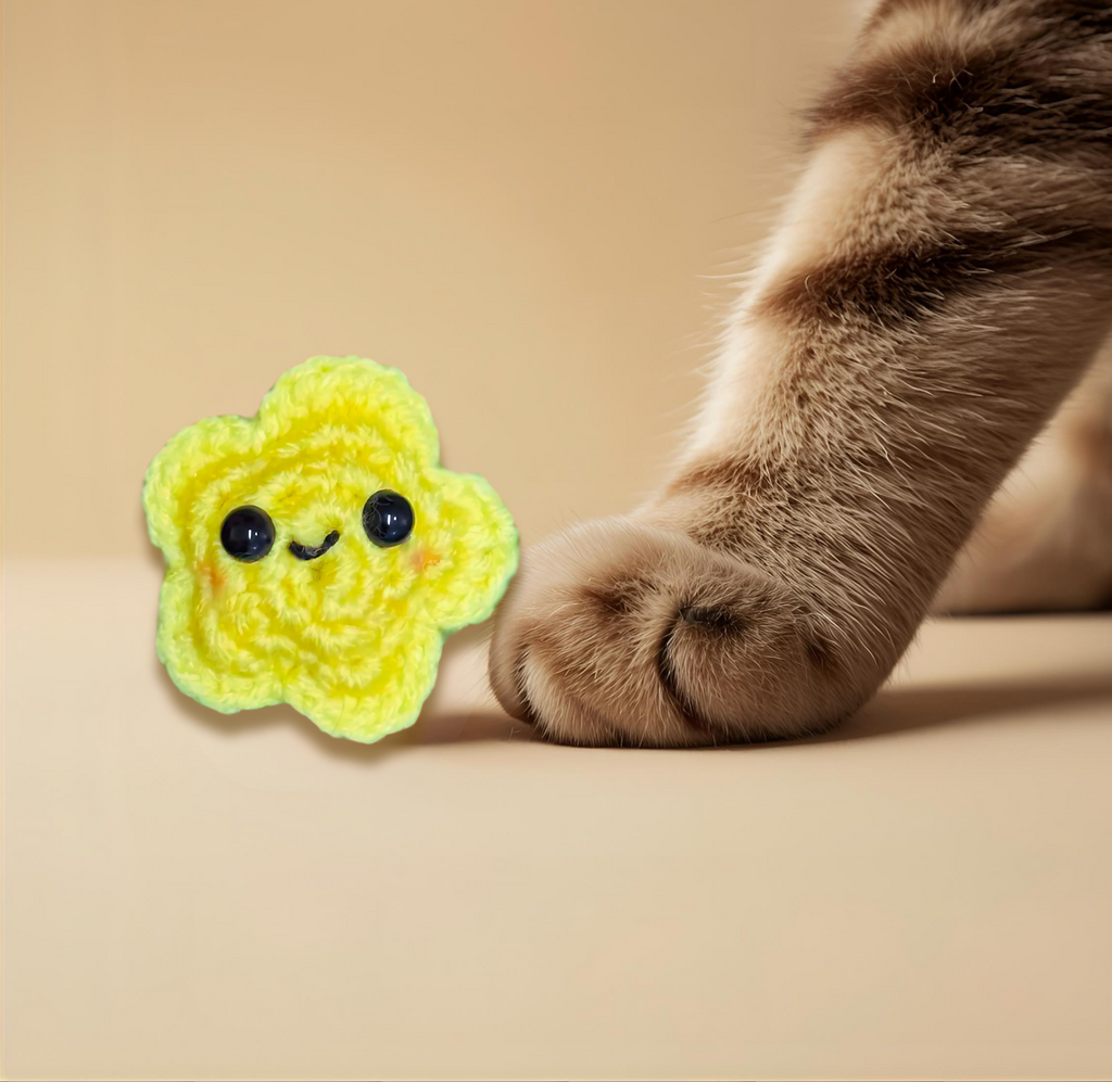 Twila L’Étoile, a handmade Chunkle Puff catnip toy measuring approx. 2 inches flat, shown beside a cat paw for scale. Star-shaped woven form highlights petite size and refined design.