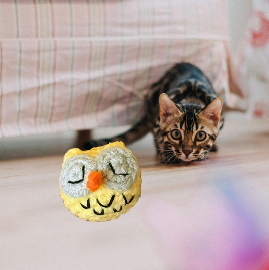 Cat playing with Yolk the Owl, a handmade Chunkle Puff catnip toy from Feline Grove. The round woven owl toy is batted, tossed, and carried, demonstrating playful charm and irresistible botanical scent.