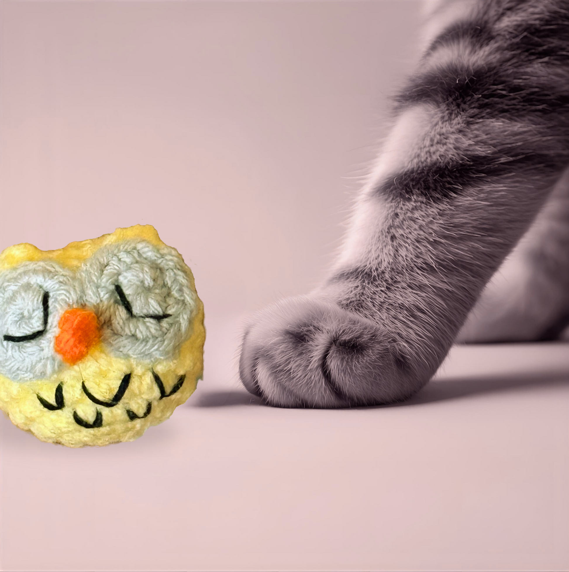 Detail image of Yolk the Owl, a handmade Chunkle Puff catnip toy by Feline Grove. Multiple angles show his tightly woven round form, stitching, and owl-inspired design, emphasizing boutique quality and refinement.