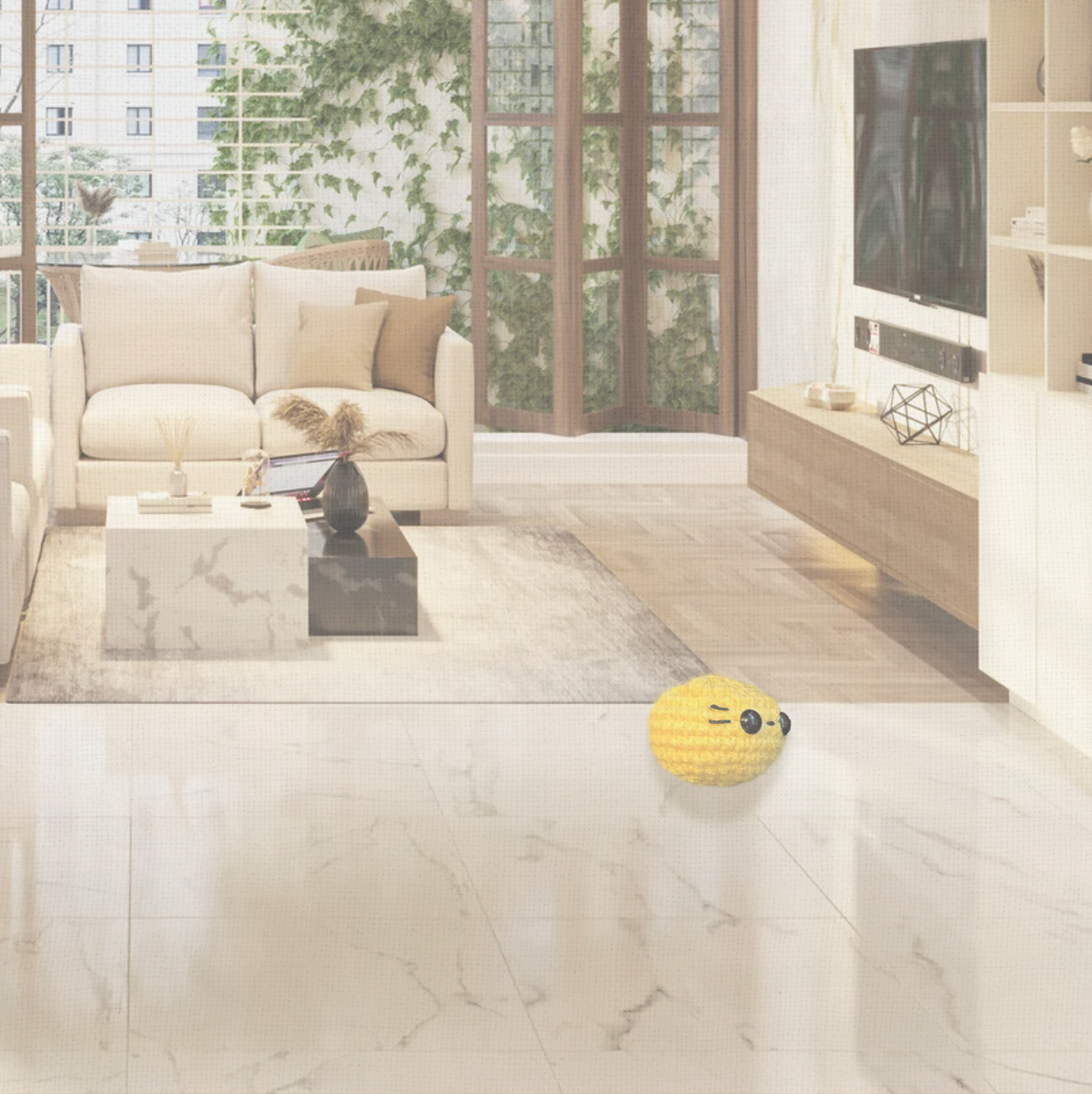 Pippa the Chonk displayed in a refined home setting on soft linen with warm interior light, styled as both a luxury accent and an engaging cat toy.