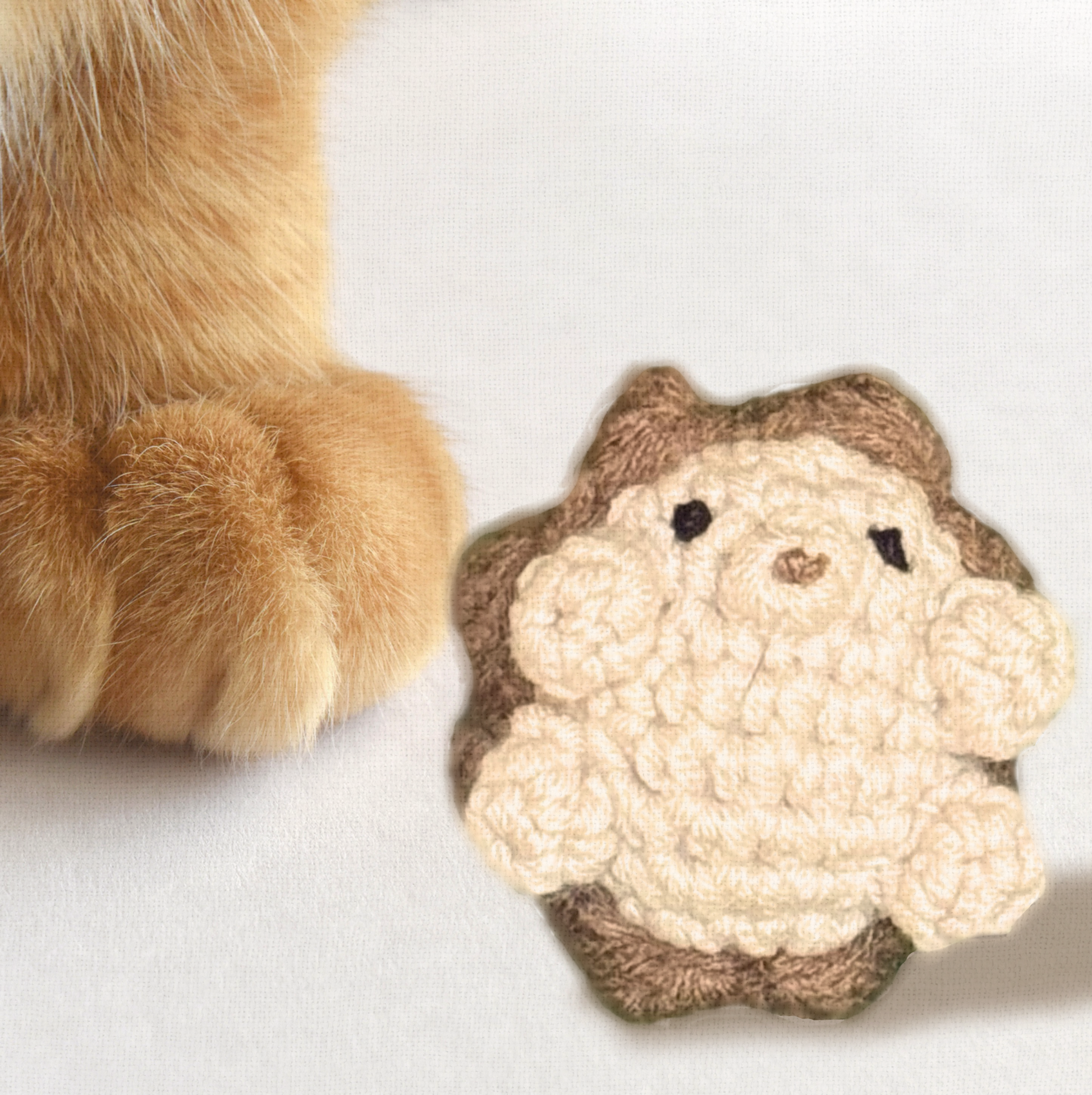 Crocheted hedgehog toy next to a cat's paw on a white background