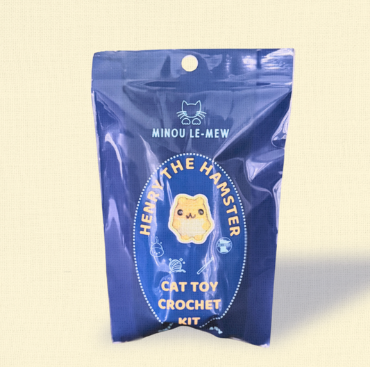 Cat Toy Crochet Kit by Minou Le-Mew, shown as a complete boxed set against a clean neutral background. A luxury crochet kit for making artisan catnip toys.