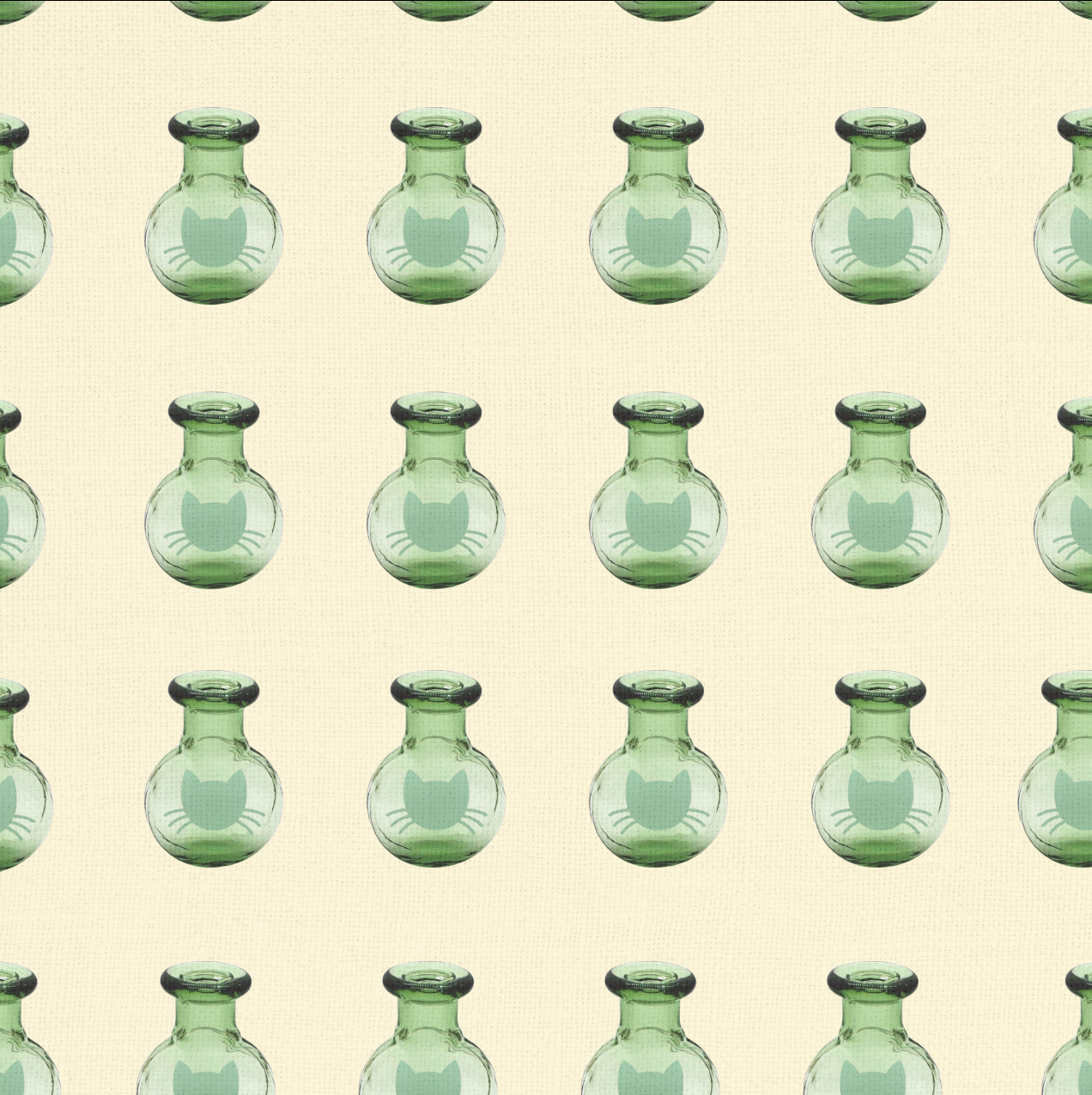 A grid display of multiple green glass Whisker Vases, each with a foil cat silhouette, arranged as a collectible keepsake series.