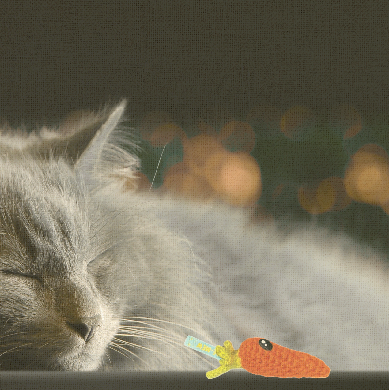 Cat lounging with Lulu the Carrot, a handmade Chunkle Puff catnip toy. The woven carrot form rests elegantly, highlighting softness, durability, and refined design.
