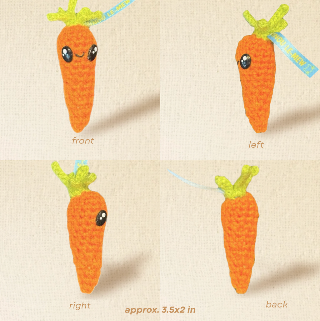 Detail view of Lulu the Carrot, a handmade Chunkle Puff catnip toy. Multiple angles reveal her woven carrot-inspired body, premium stitching, and refined craftsmanship.