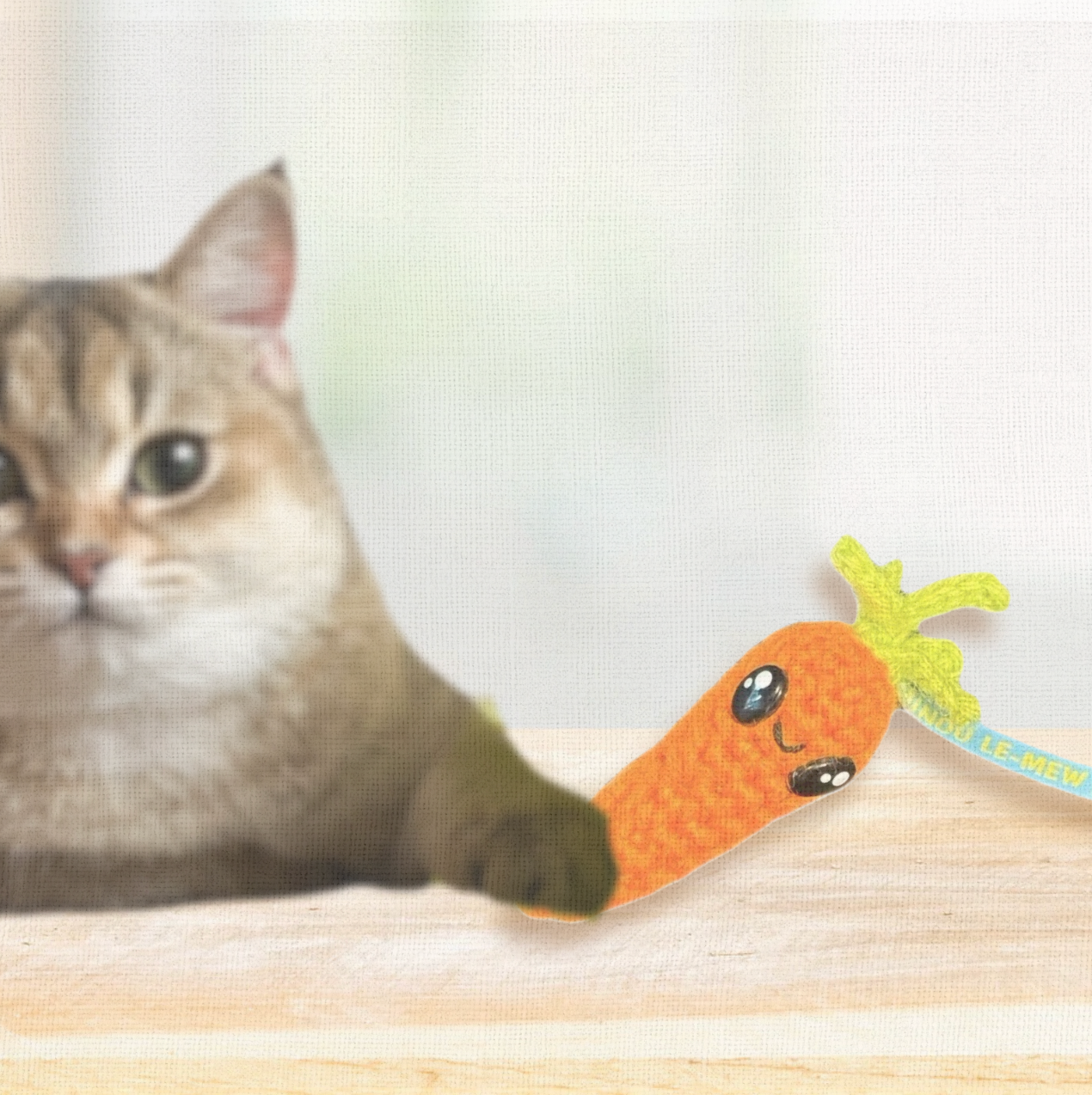 Lulu the Carrot, a 3.5 inch handmade catnip toy, shown beside a hand for scale. The woven Chunkle Puff design combines playful size with boutique elegance.