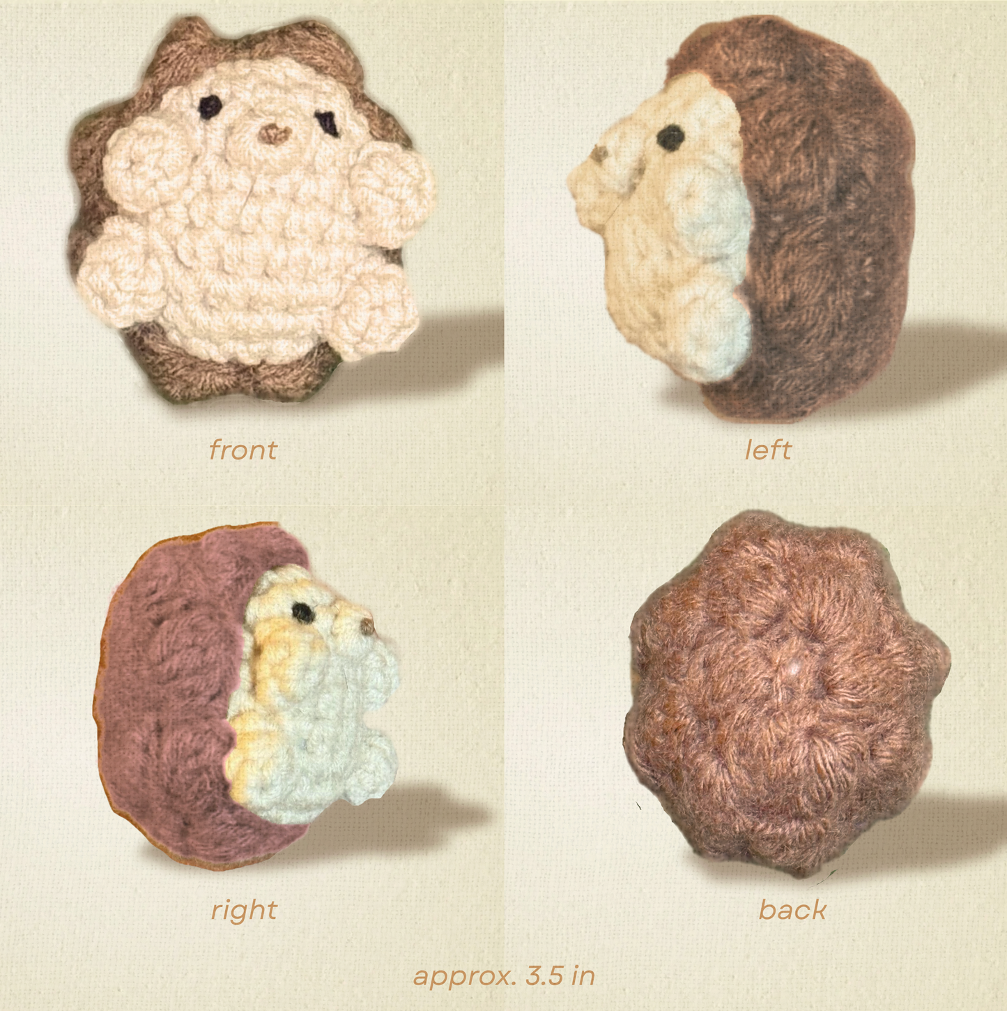 Crocheted hedgehog toy shown from multiple angles on a cream colored background