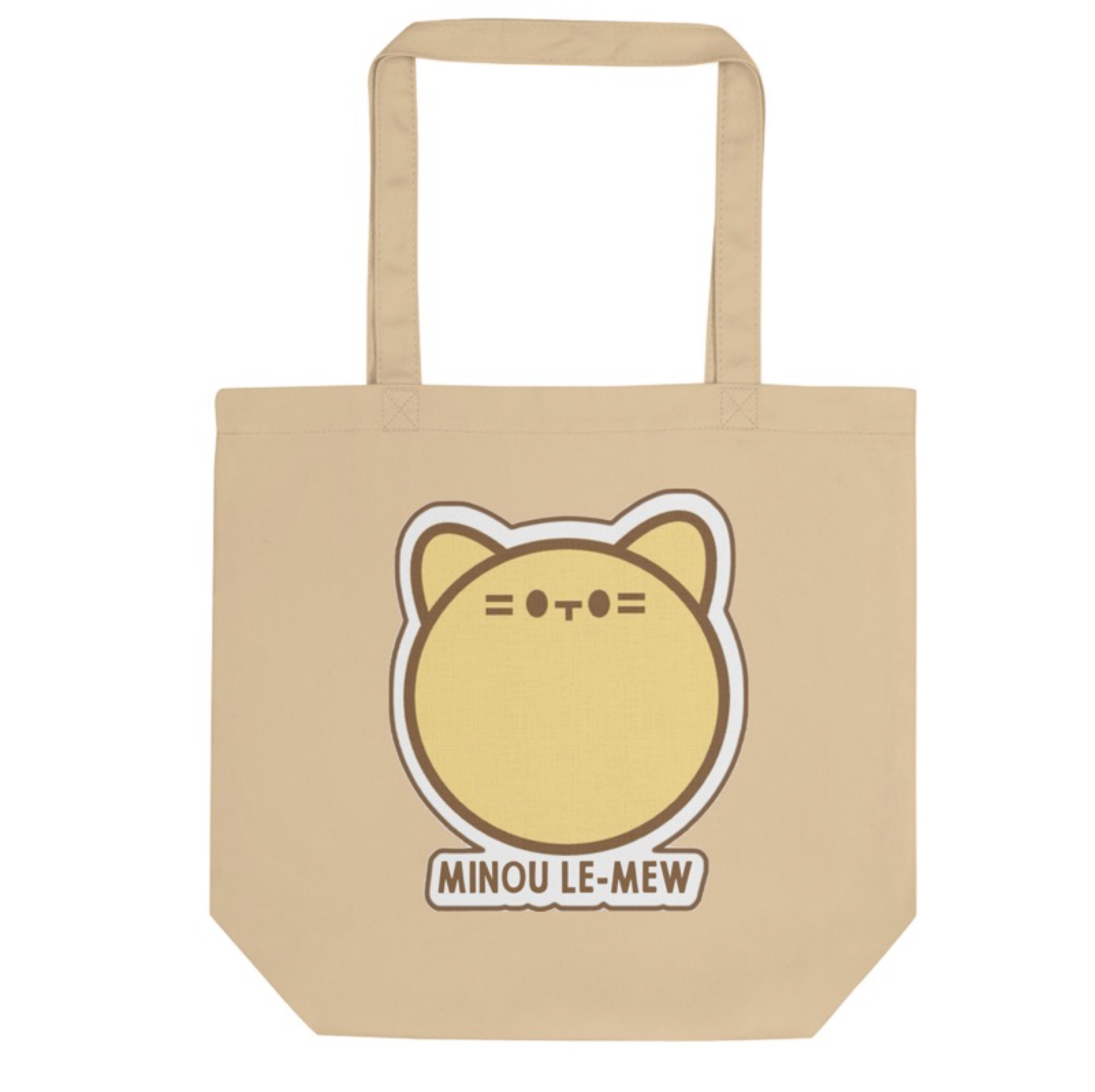Beige tote bag with a cat-themed design and 'MINOU LE-MEW' text on a white background